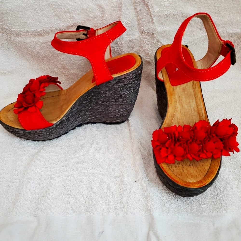 Red wedge sandal.
